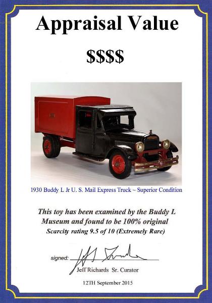 Buddy L Jr Mail Truck for sale, Rare buddy l truck appraisals, buying buddy l cars, buddy l toys, buddy l trains, vintage space toys, antique toy cars, japan tin toys, japanese tin toy robots, keystone toy trucks, buddy l Jr mail truck for sale inquire within, www.buddylcars.com