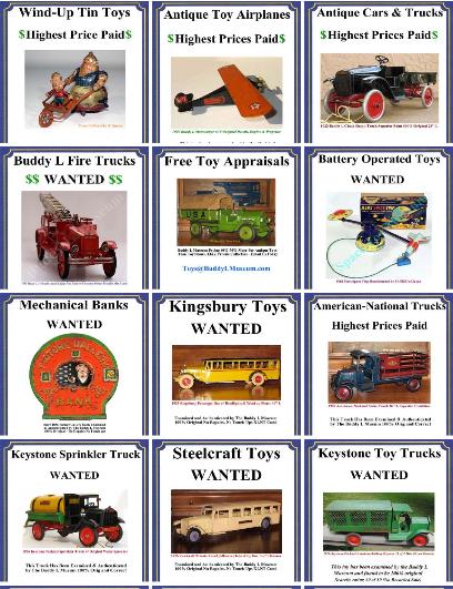buying antique toys, buddy l cars, vintage space toys, cast iron toys, buddy l flivver, buddy l truck, vintage German tin toys, free toy appraisals buying toy collections