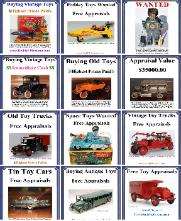 Buying vintage toys selling vintage toys buying vintaage toy cars buying vintage toy banks buying large vintgae toy colelctions buying antique toys highest prices paid free toy appraisals, www.buddylcars.com free toy appraisal